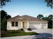 3-car garage, 1-story home with light beige exterior and brown roof at 27092 Formosa Dr, Punta Gorda, FL 33983