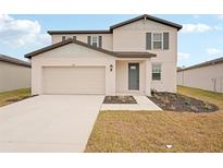 Two-story house with a light beige exterior, gray door, and two-car garage at 144 Lazy Shore Dr, Nokomis, FL 34275