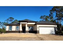 New construction home with attached garage, neutral color palette and dark trim at 1504 Kohlenberg Ave, North Port, FL 34288