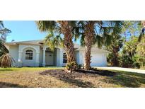 Newly constructed home with light gray exterior, two palm trees, and a spacious yard at 2559 Comet Ln, North Port, FL 34286