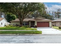 Single-story house with red garage door and well-maintained lawn at 3534 Player Dr, New Port Richey, FL 34655