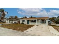 Cute one-story home with a light gray exterior, landscaping, and a driveway at 4215 Pecos Dr, New Port Richey, FL 34653