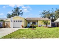 Charming yellow house with a well-manicured lawn and attached garage at 13910 Fullerton Dr, Tampa, FL 33625