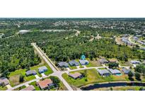 Aerial view showing home's location in a residential neighborhood with lush landscaping at 143 Long Meadow Ln, Rotonda West, FL 33947