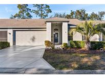 Brick front exterior of home with attached garage and landscaping at 18004 Tarrington Pl, Hudson, FL 34667