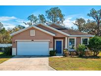 Tan one-story house with white garage door and blue front door, surrounded by green lawn at 2729 Walden Woods Dr, Plant City, FL 33566