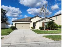 Charming single-story home features a two-car garage, manicured lawn and mature landscaping at 39567 Dawson Chase Dr, Zephyrhills, FL 33540