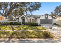 Updated single-story home with a gray garage door and manicured lawn at 815 Bluegrass Ln, Brandon, FL 33510