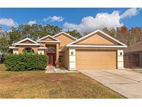 Tan house with red door, two-car garage, and manicured lawn at 1228 Cord Grass Ct, Wesley Chapel, FL 33543