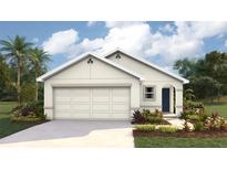 One-story home with light beige siding, two-car garage, and landscaping at 30900 Wild Juniper Ct, Brooksville, FL 34602