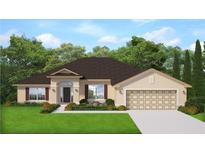 Traditional single-story home with a symmetrical facade, two-car garage, and manicured lawn at 13510 Canada Goose Rd, Brooksville, FL 34614