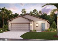 Two-car garage, light-colored exterior, landscaping, and a teal front door at 16881 Fiesta Dr, Port Charlotte, FL 33953