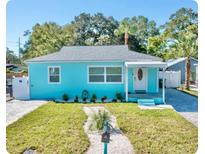 Charming light blue house with landscaped lawn and walkway at 2217 Thrace St, Tampa, FL 33605