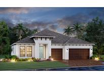 Single-story home with two-car garage, light-colored walls, and a dark brown roof at 7561 Nighthawk Dr, Sarasota, FL 34241