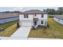 Two-story house with light-colored siding, a two-car garage, and a neatly landscaped yard at 12733 Wanderlust Pl, Parrish, FL 34219