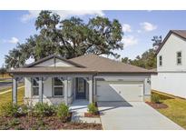 Single-story home with gray siding, stone accents and two-car garage at 37886 Clinch Cir, Zephyrhills, FL 33540