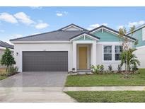 Exterior of charming one-story house with gray garage door and teal accents at 10317 Fieldstone Myrtle Way, San Antonio, FL 33576