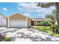 Inviting single-story home showcasing a manicured front yard, two car garage, and charming curb appeal at 1829 Dockside Dr, Valrico, FL 33594