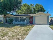 Ranch style home with light blue exterior, red door, and attached garage at 10911 Oldham Rd, Port Richey, FL 34668