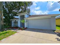 Newly renovated home with gray exterior, two-car garage, and landscaped yard at 2204 Cattleman Dr, Brandon, FL 33511