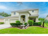 Two-story house with a landscaped lawn, fountain, and two-car garage at 4224 Fleewell Ct, Valrico, FL 33596