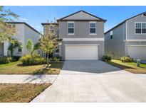 Two-story house with gray siding, two-car garage, and landscaped lawn at 9917 Spanish Lime Ct, Riverview, FL 33578