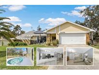 Charming single-story home featuring a two-car garage, stone accents, and a screened-in patio area at 14070 Amero Ln, Spring Hill, FL 34609