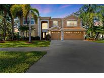 Two-story house with a three-car garage and palm trees in the front yard at 1858 Longview Ln, Tarpon Springs, FL 34689