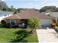 One-story home with a brown roof, attached garage, and manicured lawn at 3589 Oak Lake Dr, Palm Harbor, FL 34684