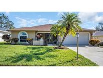 One-story home with a landscaped lawn, palm trees, and attached garage at 3589 Oak Lake Dr, Palm Harbor, FL 34684