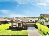 One-story home with a two-car garage, landscaping, and a palm tree in the front yard at 11101 58Th Street E Cir, Parrish, FL 34219