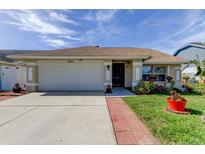 Tan one-story house with two-car garage, landscaped yard, and red pot at 8622 Thimbleberry Ln, Tampa, FL 33635