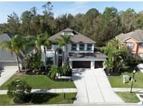 Beautiful two-story home with a spacious driveway, well-manicured lawn and lush tropical landscaping at 3405 Loggerhead Way, Wesley Chapel, FL 33544