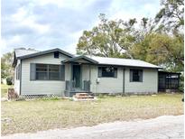 Charming single-story home featuring light green siding, dark trim and shutters, and a metal roof at 18802 3Rd Se St, Lutz, FL 33549