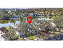 Aerial view of a lakeside property featuring mature trees and a well-maintained community at 155 Nina Way, Oldsmar, FL 34677