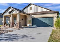 House exterior featuring a two-car garage, landscaped yard, and walkway at 21489 Billowy Jaunt Dr, Land O Lakes, FL 34637