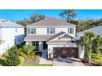 Two-story home with a brown garage door and landscaped front yard at 5935 Maidenstone Way, Palmetto, FL 34221