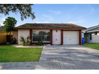 Cute one-story house with a garage and well-maintained lawn at 4721 Grove Point Dr, Tampa, FL 33624