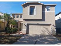 Two-story house with a neutral color exterior, two-car garage, and landscaping at 10319 Boyette Creek Blvd, Riverview, FL 33569
