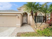 Tan one-story house with palm trees, brick walkway, and attached garage at 11221 Cypress Reserve Dr, Tampa, FL 33626