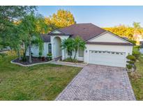 Beautiful home with a large yard, palm trees, and a brick driveway at 16310 Ashington Park Dr, Tampa, FL 33647