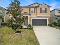 Two-story house with tan siding, dark brown garage door, and landscaping at 6015 Tremeza Pl, Palmetto, FL 34221