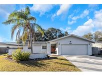 Charming single-story home with a two-car garage and palm tree at 1392 Overlea Dr, Dunedin, FL 34698