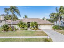 Single-story house with light green exterior, landscaping, and a two-car garage at 3360 Hickorywood Way, Tarpon Springs, FL 34688
