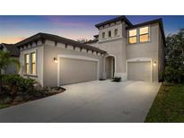 Two-story house exterior at dusk, two-car garage at 14672 Horse Trot Rd, Lithia, FL 33547