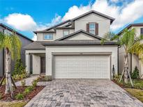 Two-story house with a white garage door and a brick driveway, surrounded by palm trees at 2941 Adams Cross Dr, Zephyrhills, FL 33540