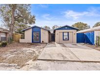 Tan house with blue accents and a spacious driveway at 9104 Sandcroft Ct, Tampa, FL 33615