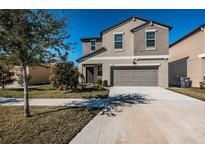 Two-story house with gray siding, two-car garage, and a well-manicured lawn at 7014 King Creek Dr, Sun City Center, FL 33573