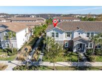Two-story townhome in Starkey Ranch with a grey exterior and landscaped yard at 13316 Wildgrass Trl, Odessa, FL 33556