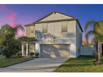 Two-story house with gray siding, two-car garage, and landscaping at 7402 Evening Primrose Ct, Tampa, FL 33619